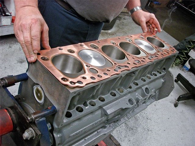 Copper head gasket fitted to an engine block