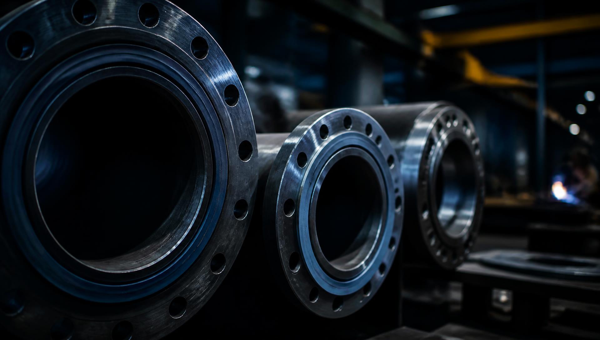 Steel pipe flanges and gaskets in an industrial workshop