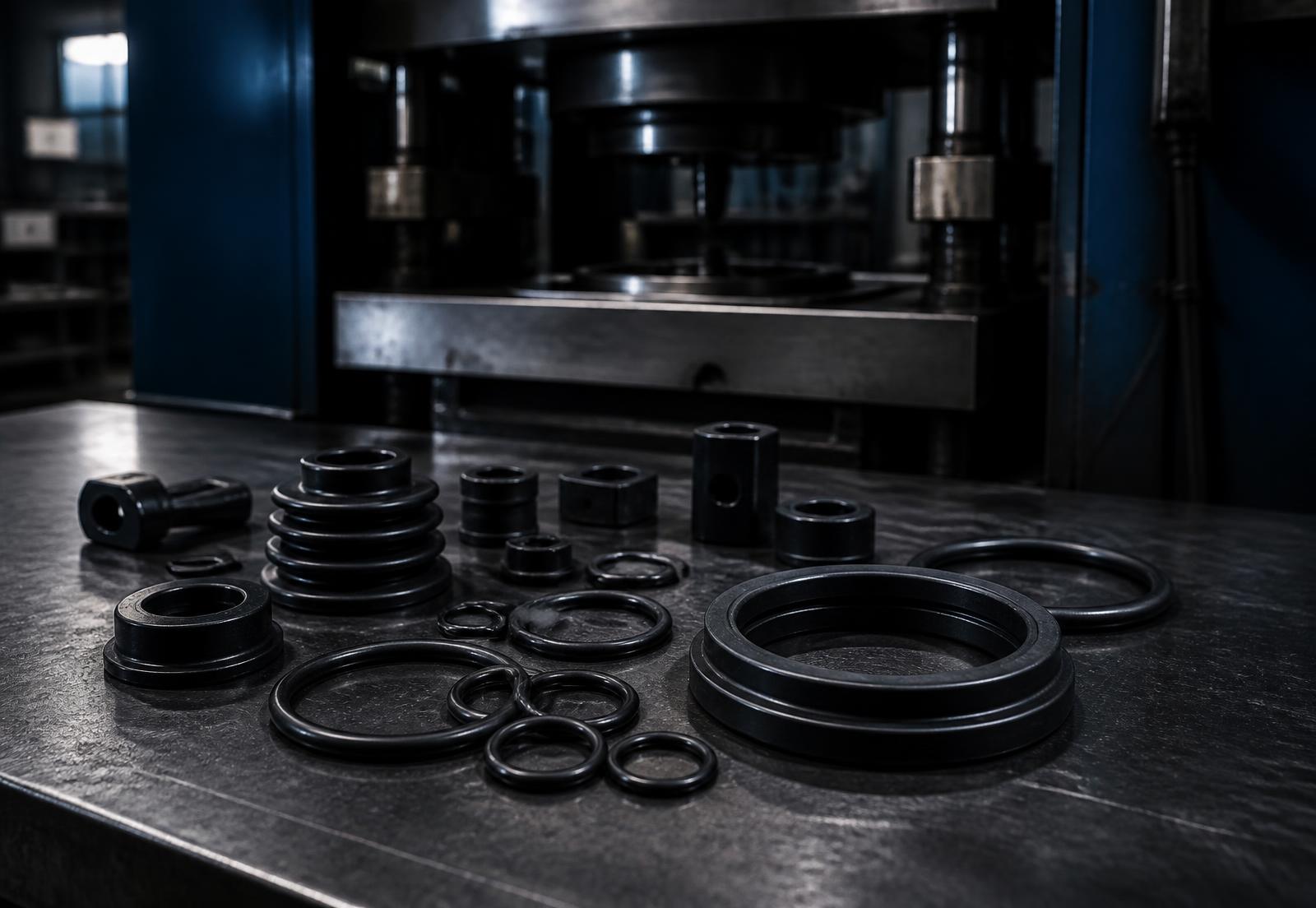 Moulded rubber components and O-rings on a workbench